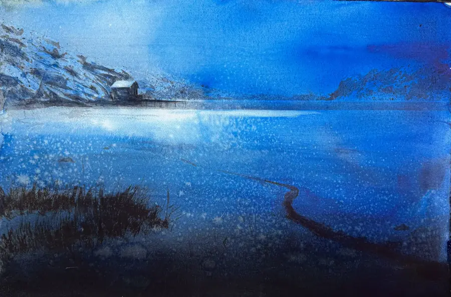 Djupblå morgonmålning på isig havsutsikt i februari.