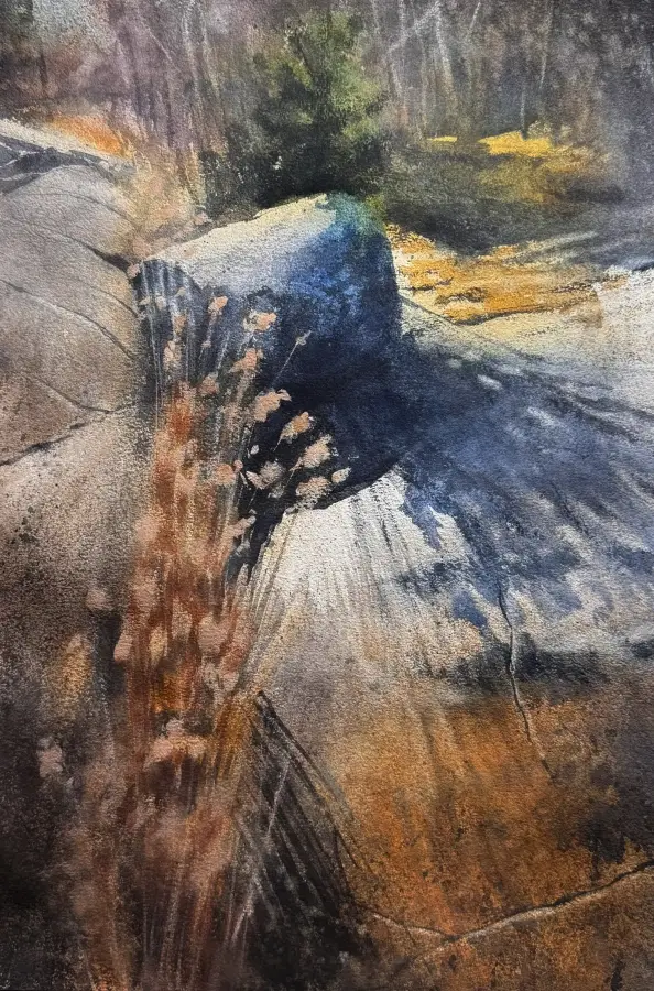 Strandklippor i tidig vårsol i Sollenkroka