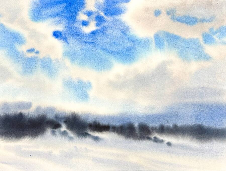 Mjuka vintermoln över en ljus snötäckt horisont.