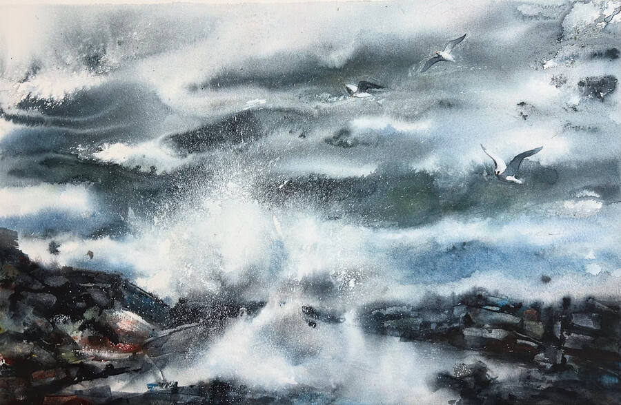 Vågigt hav med mörka klippor och flygande måsar i grått ljus.