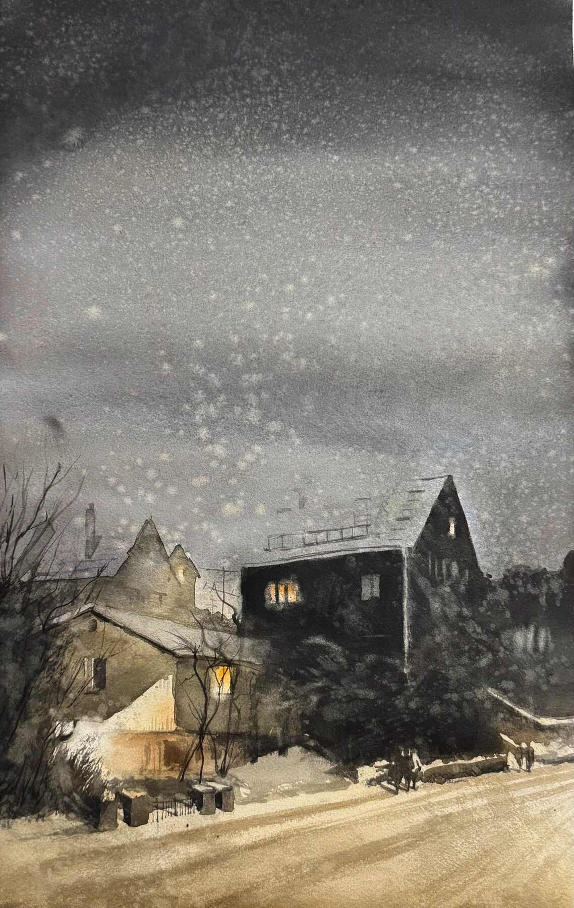 Grey snow-heavy skies, large dark houses, warm glow from windows
