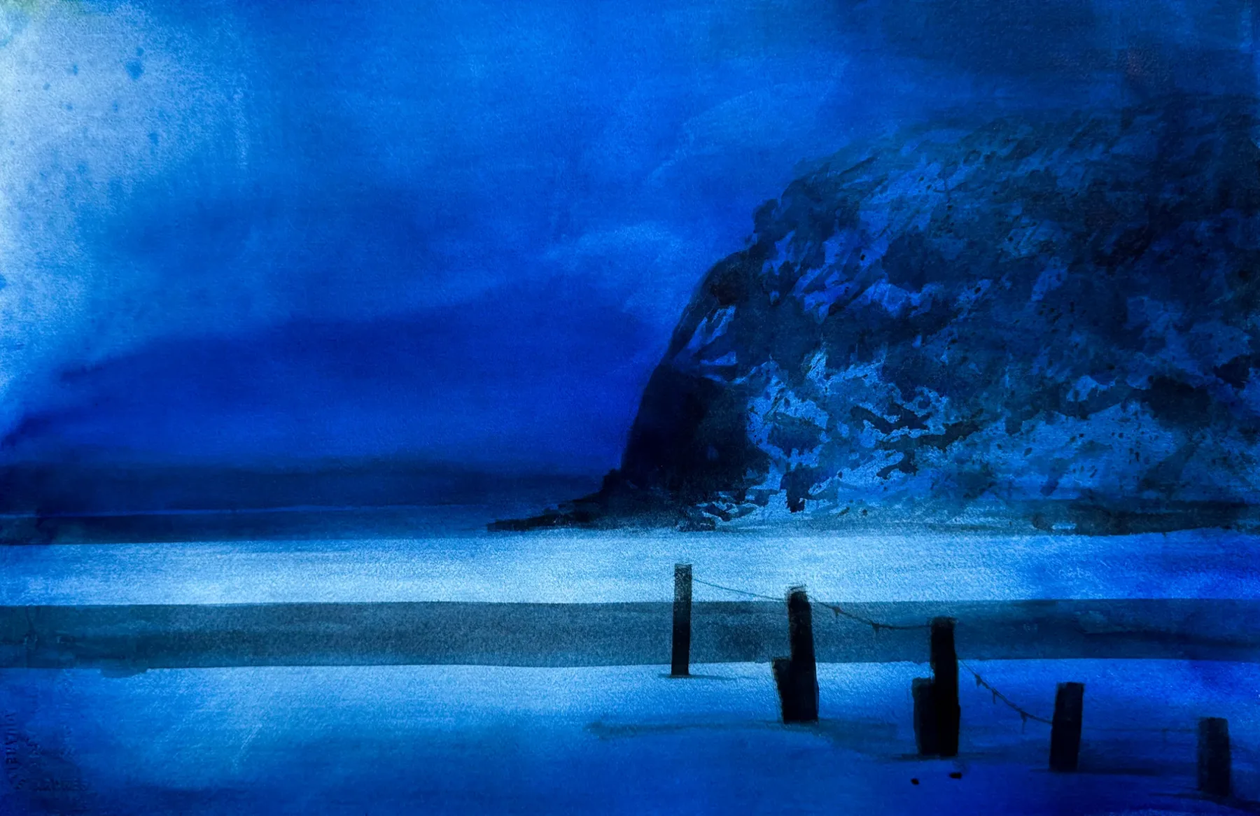 Djupblå morgonmålning från Heestrand på isig havsutsikt i februari.