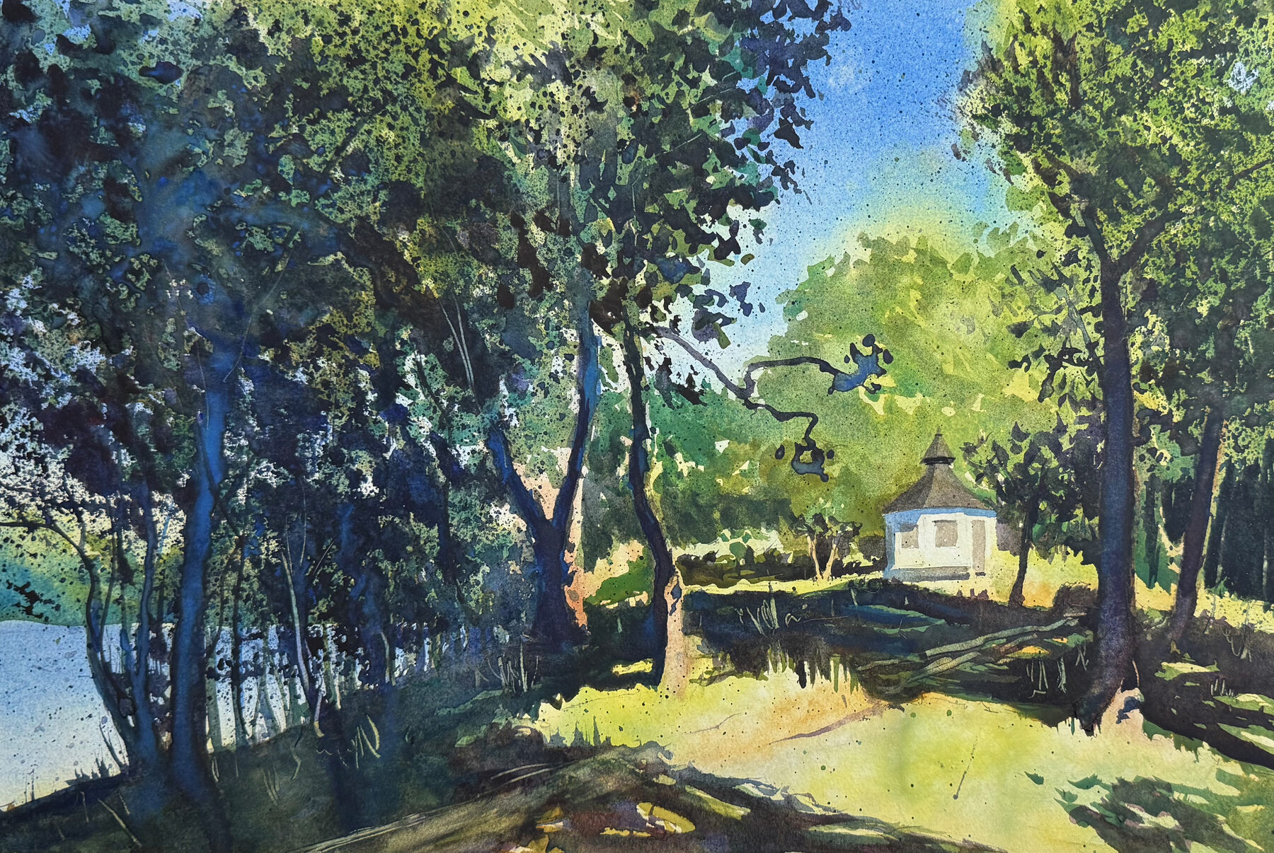 Gazebo at Sickla in soft daylight and spring greenery.