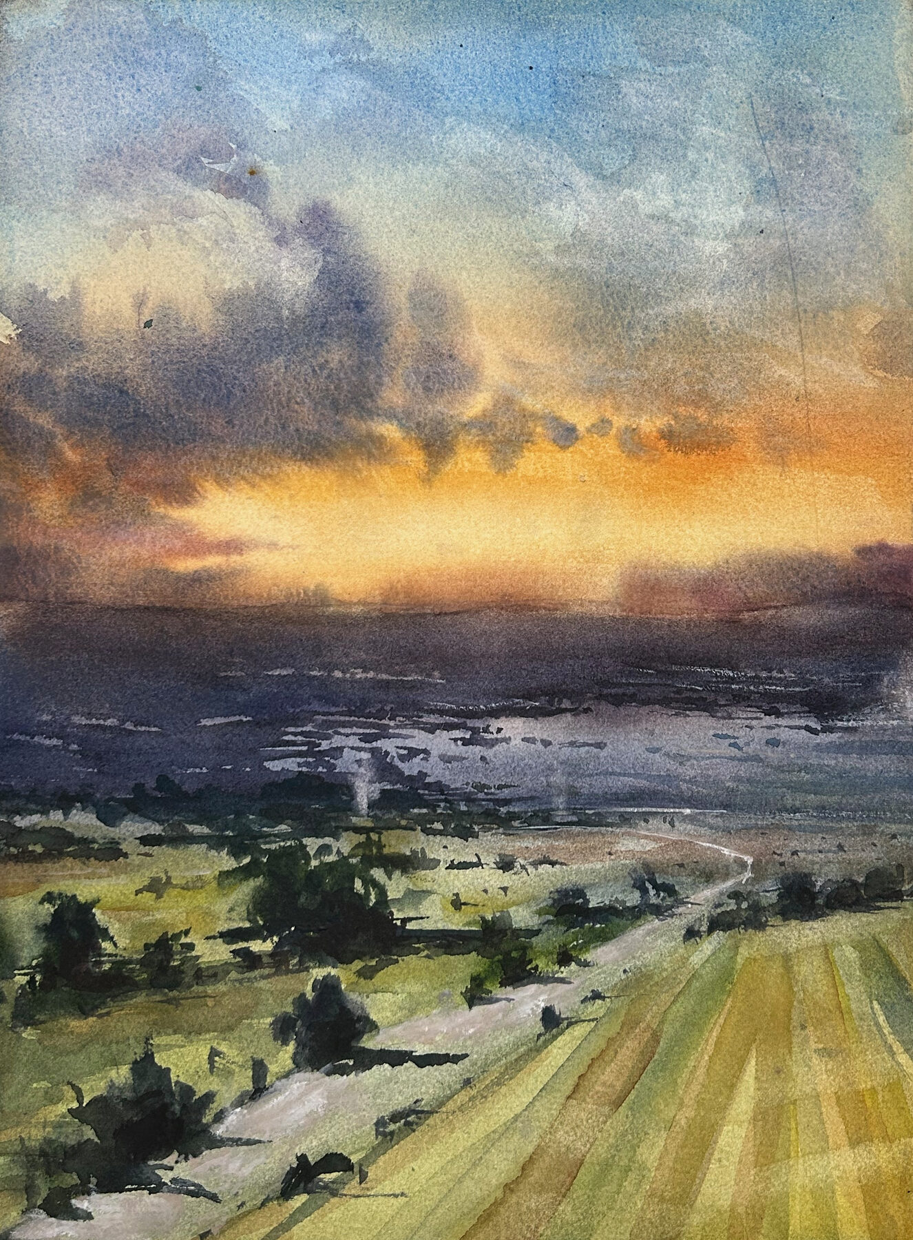 Landskap i övergången mot skymning med mjuka valörer.