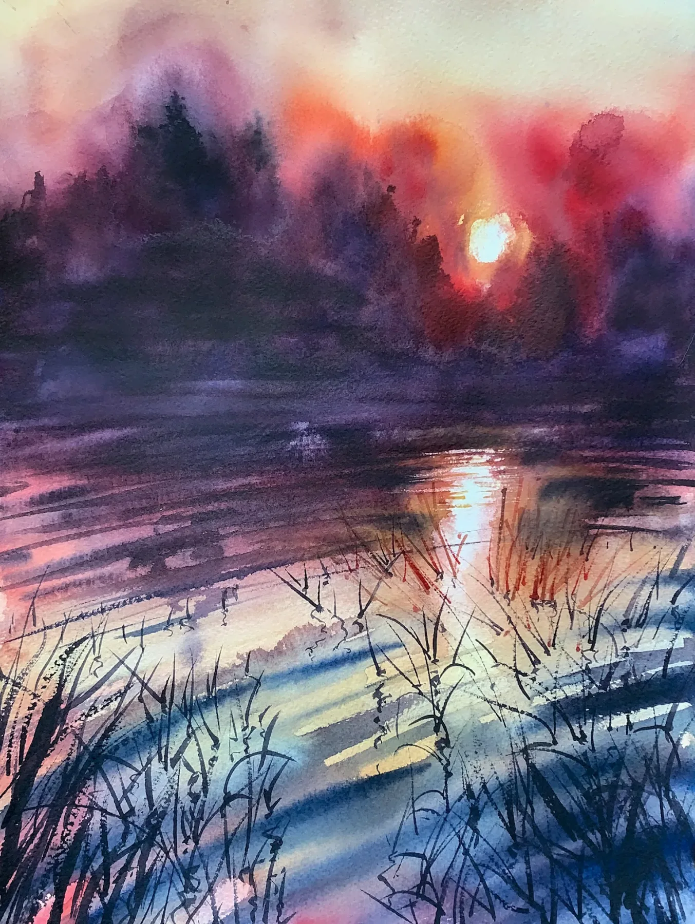 Varm sommarsolsskymning vid skogstjärnen